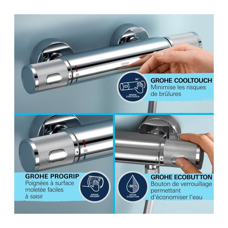 Shower set with thermostatic mixer, 3-jet shower head, 60cm bar and fl