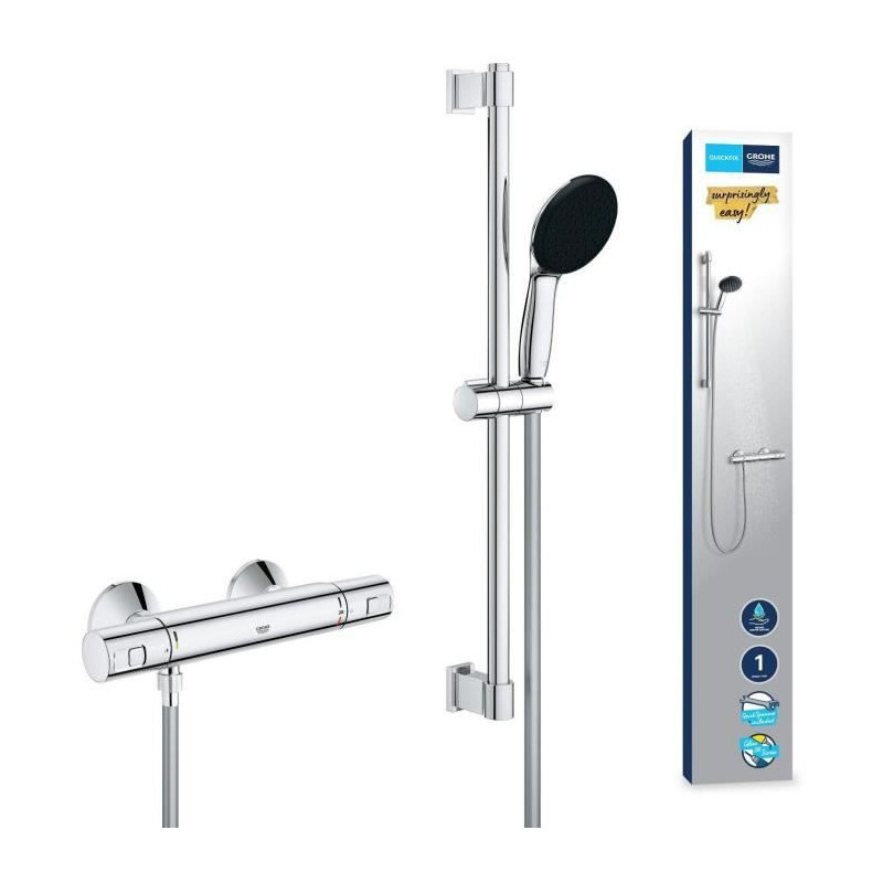 Shower set with thermostatic mixer, 1 jet shower head, 60cm bar and fl