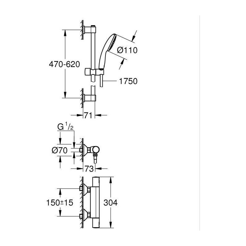 Shower set with thermostatic mixer, 1 jet shower head, 60cm bar and fl