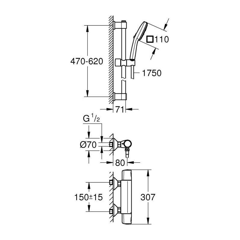 Shower set with thermostatic mixer, 3-jet shower head, 60cm bar and fl