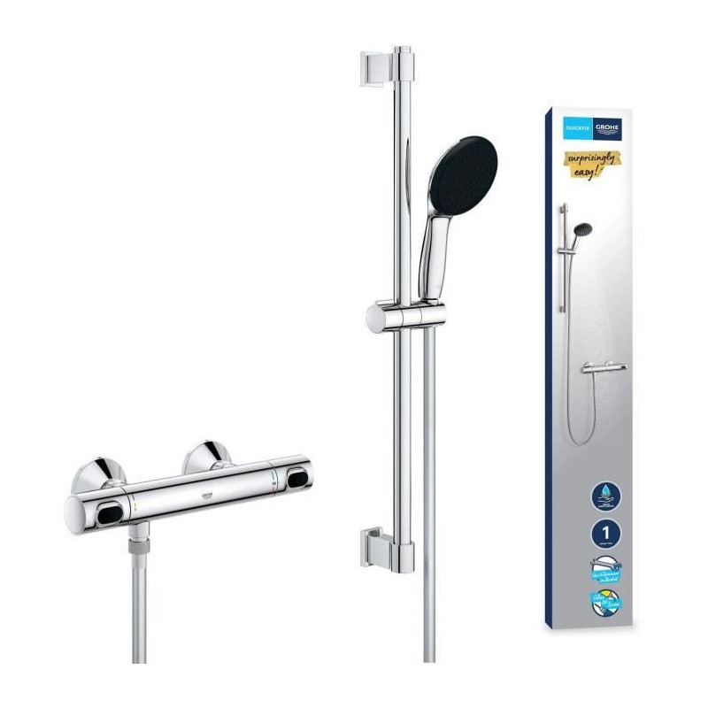 Shower set with thermostatic mixer, 1 jet shower head, 60cm bar and fl