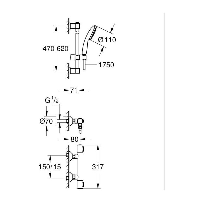 Shower set with thermostatic mixer, 1 jet shower head, 60cm bar and fl
