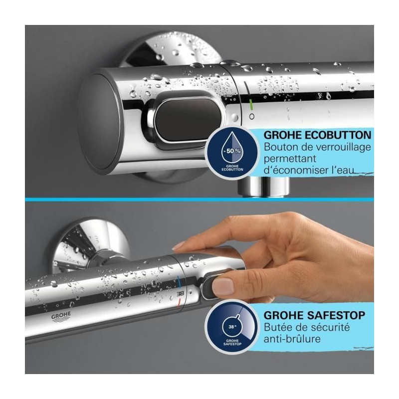 Shower set with thermostatic mixer, 1 jet shower head, 60cm bar and fl
