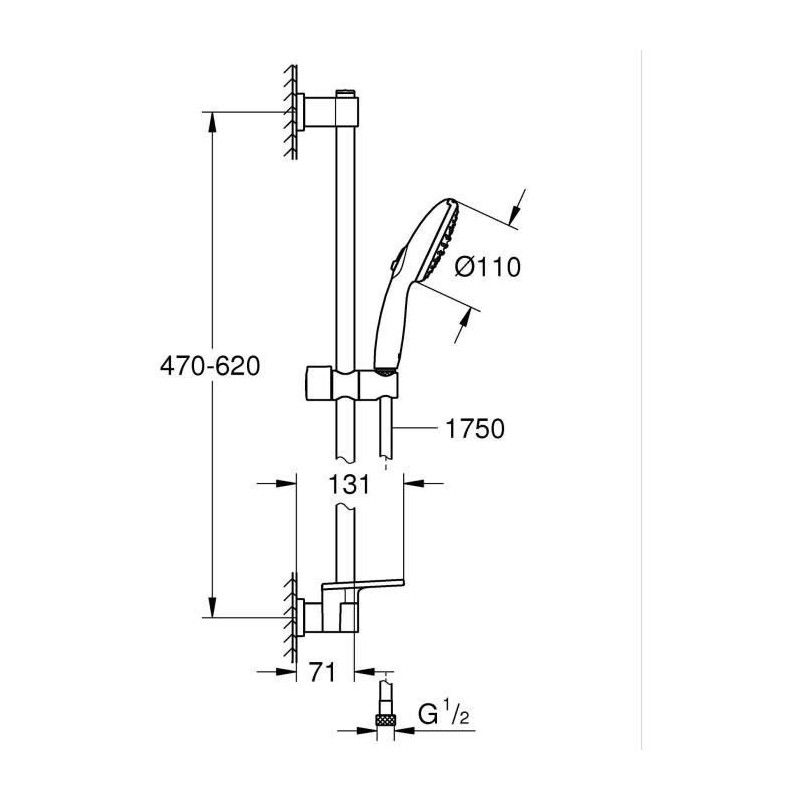 Shower set with 2 jets shower head, 60cm bar, flexible hose and shelf