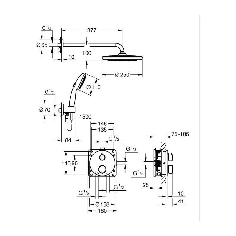 Built-in shower set - 1 + 2 jets - Thermostatic mixer - GROHE - 348832