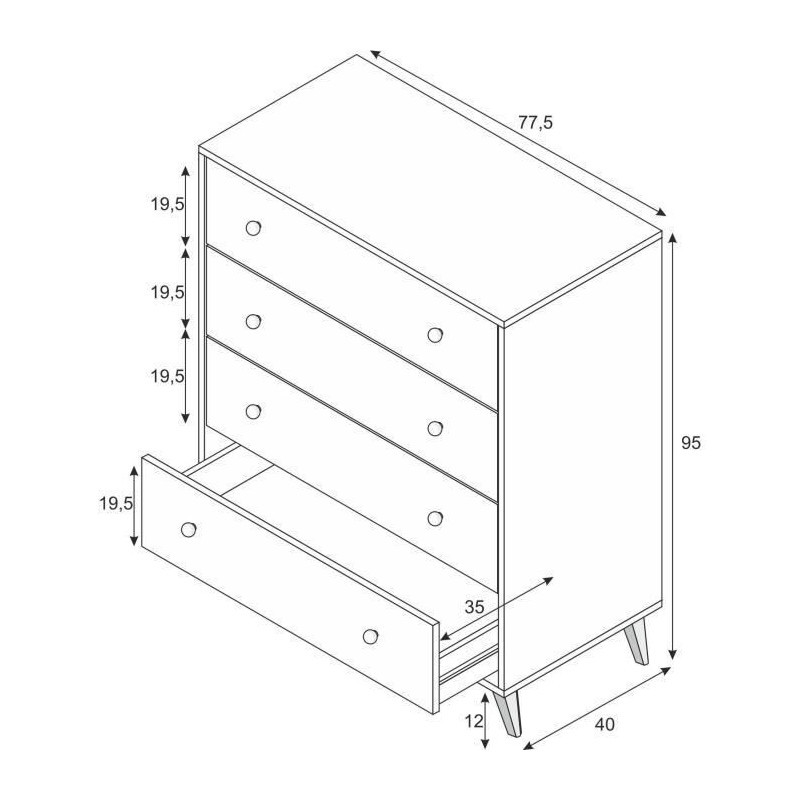 Chest of drawers - Sweet - 4 drawers - White - 95 x 77.5 x 40 cm