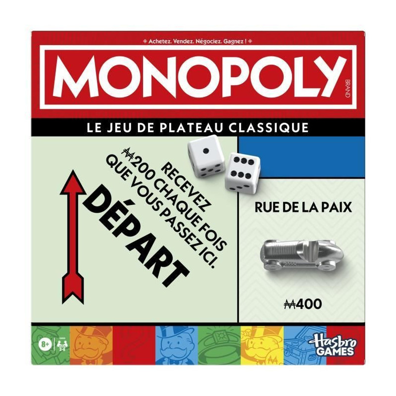 Classic Monopoly, board game, with storage box and large pawns, 2 to 6