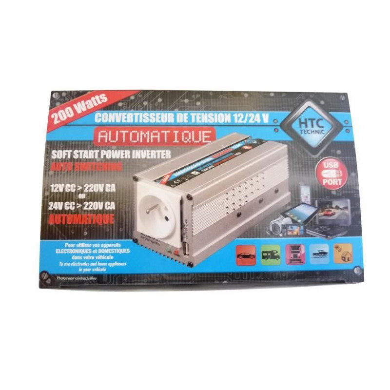 HTC Converter 12 / 24V Automatic 220 / 240V 200W USB 0.5A