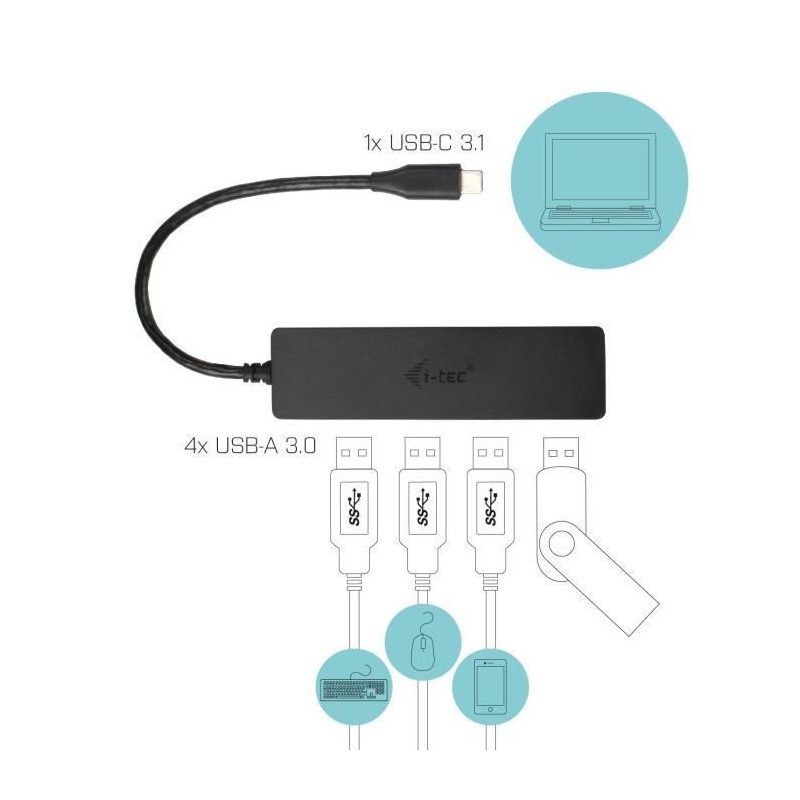 USB-C HUB I-TEC with 4 USB 3.0 Ports with Integrated Cable 20cm
