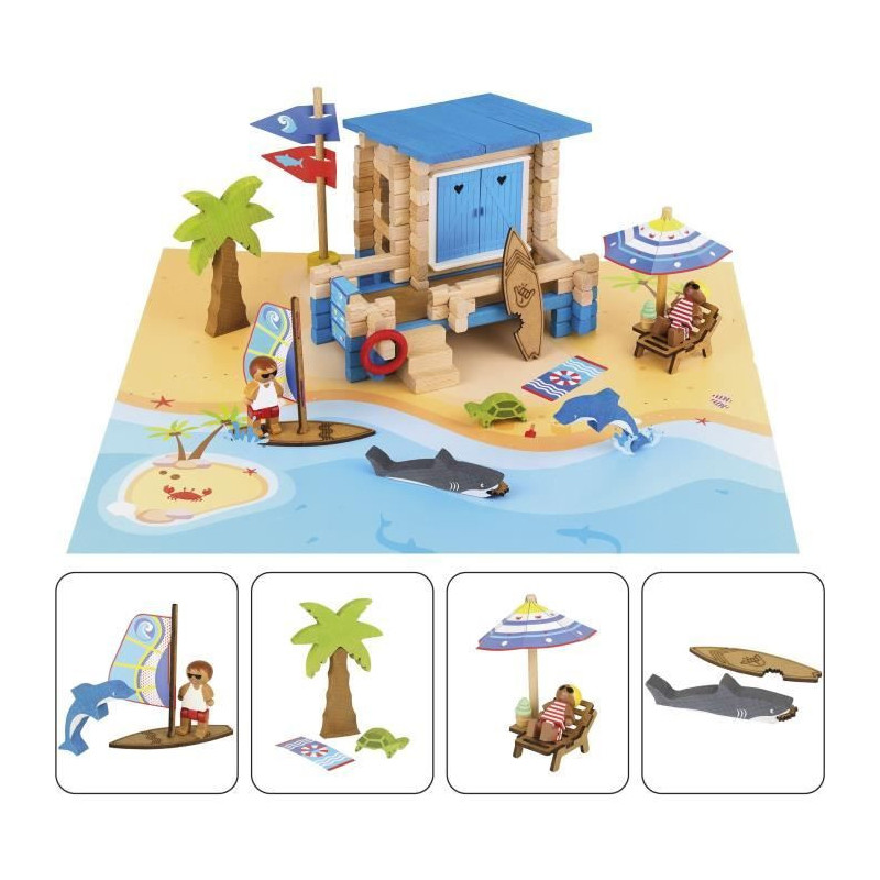 Beach Day 120 Pieces - JEUJURA - Natural Wood Construction Game, Mat a