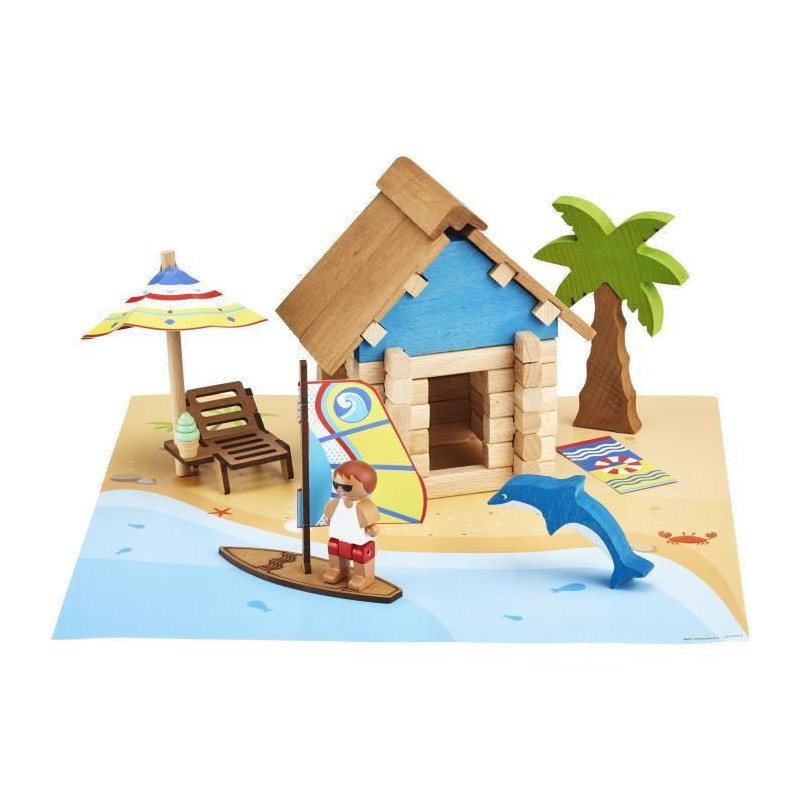 The Beach Hut 55 Pieces - JEUJURA - Natural Wood Construction Game, Ma