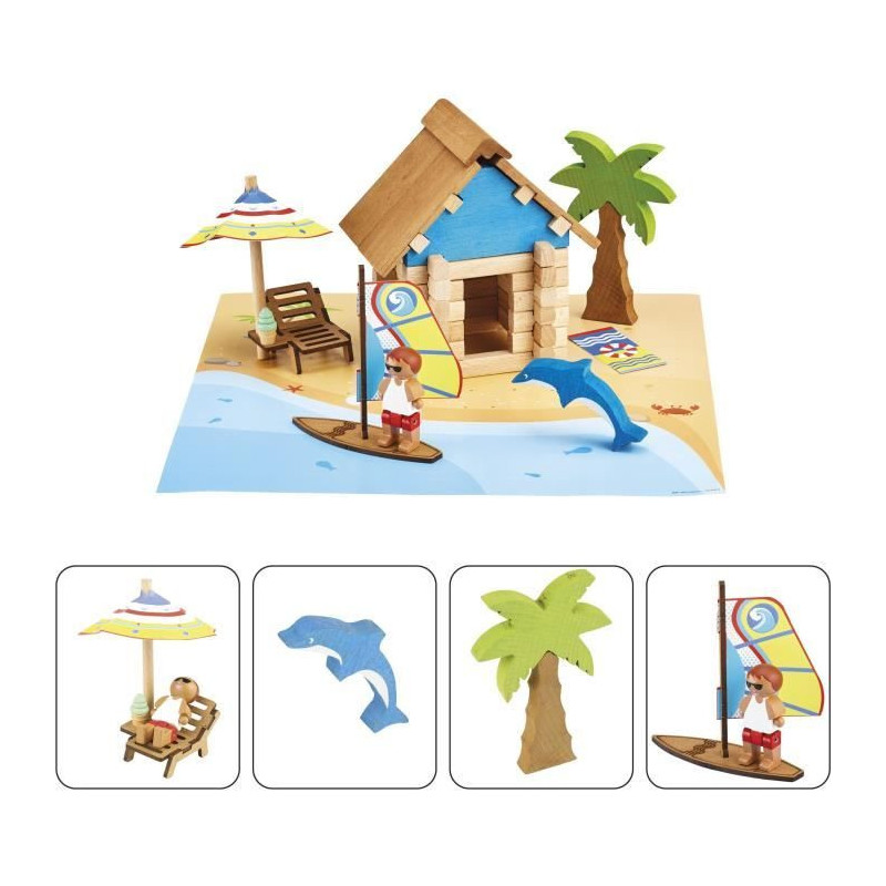 The Beach Hut 55 Pieces - JEUJURA - Natural Wood Construction Game, Ma