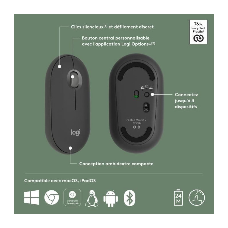 LOGITECH - Wireless mouse - Pebble Mouse 2 M350s - Graphite - (910-007