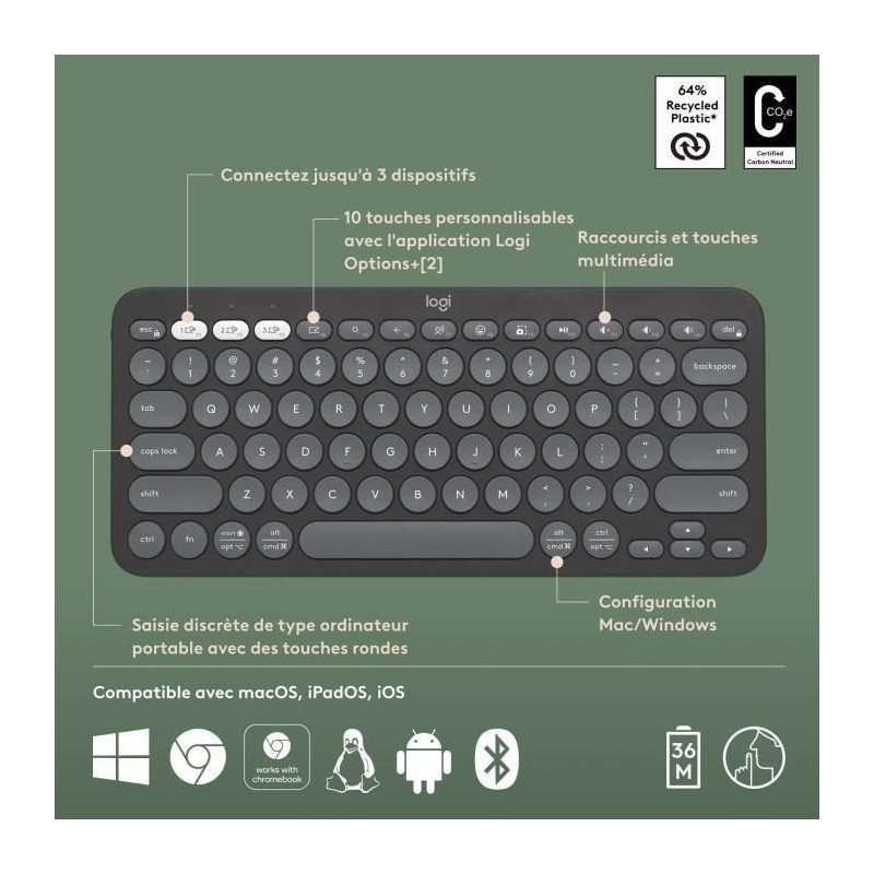 LOGITECH - Wireless keyboard - Pebble Keys 2 K380s - Bluetooth - Easy-