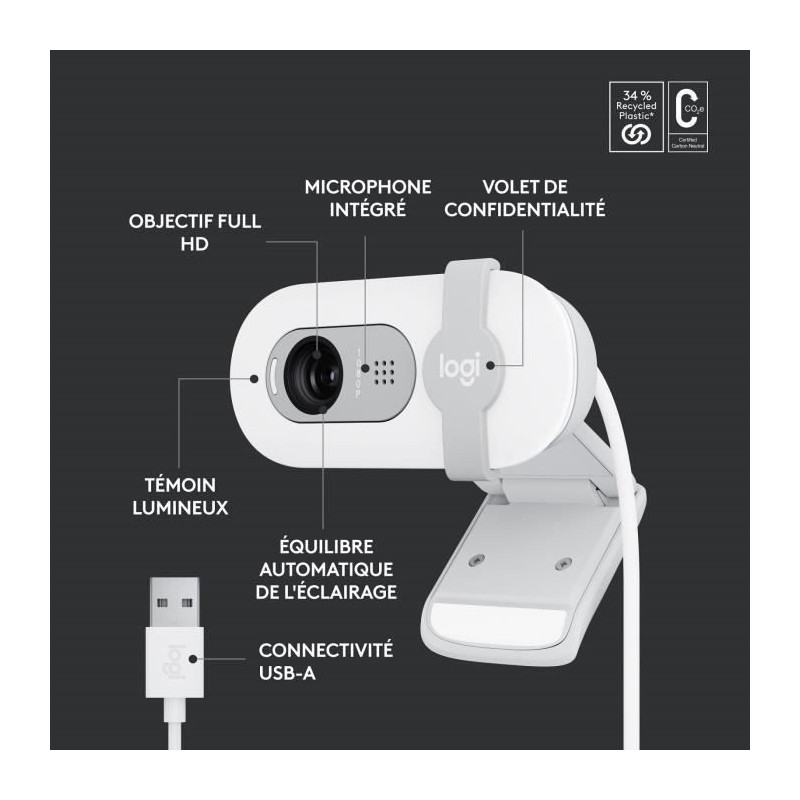 Webcam - Full HD 1080p - LOGITECH - Brio 100 - Integrated microphone -