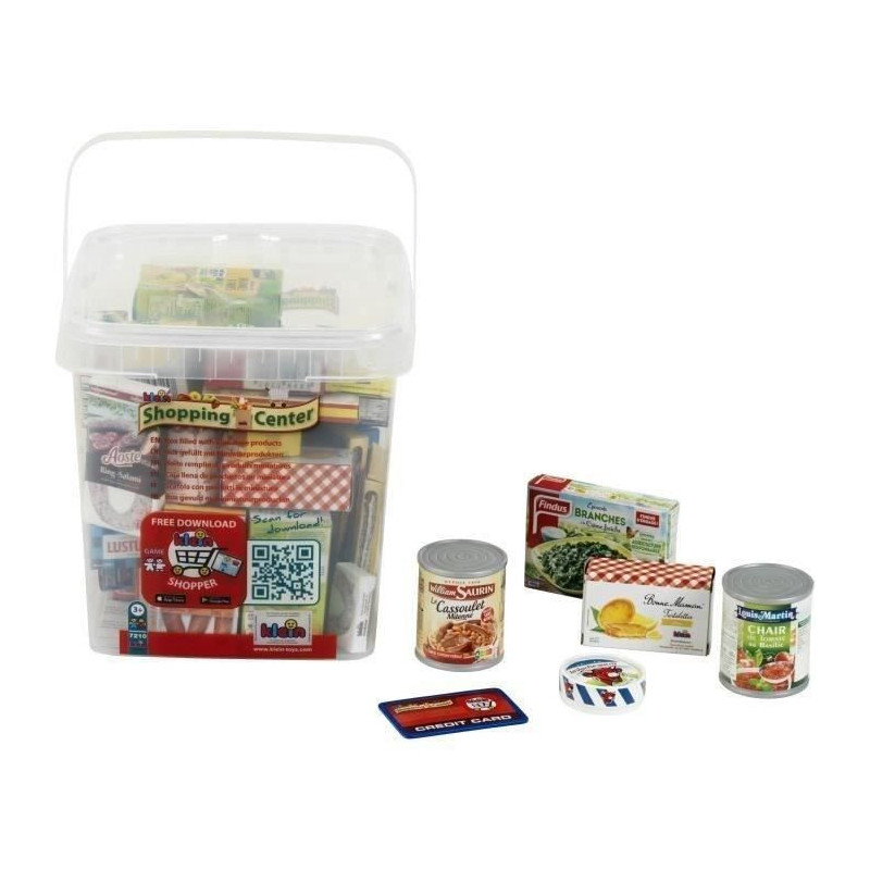 Large storage box lined with dummy food boxes with known brands and in