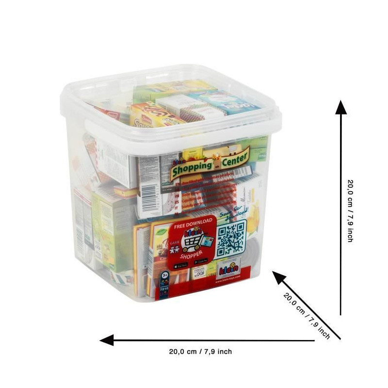 Large storage box lined with dummy food boxes with known brands and in