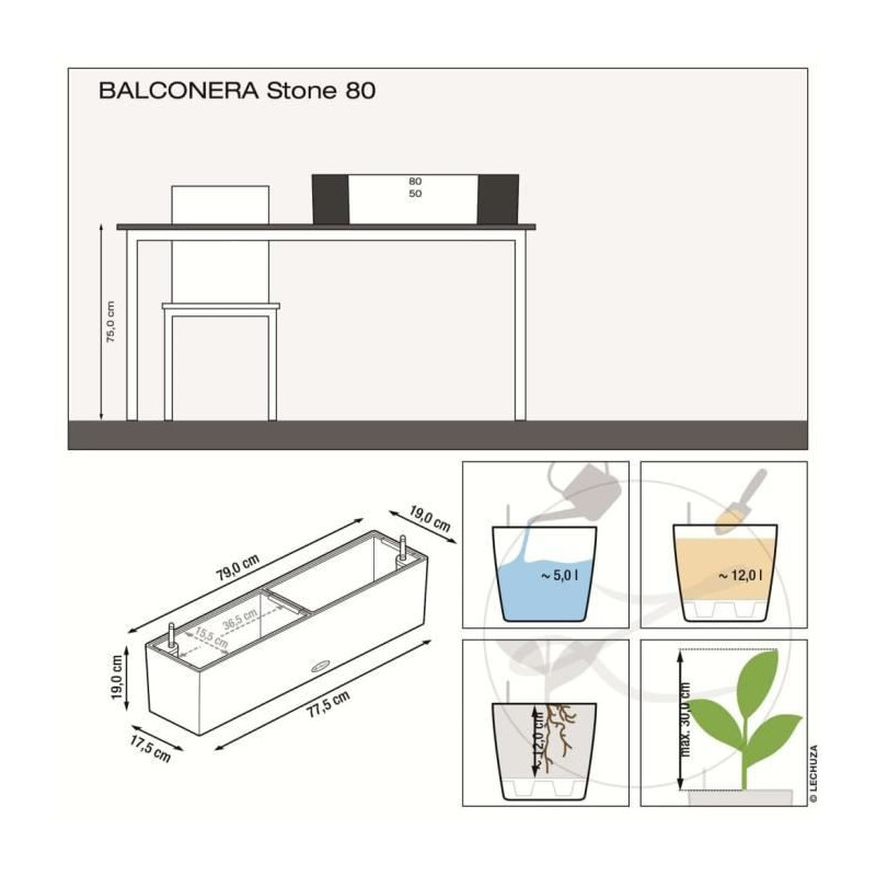 LECHUZA Jardiniere BALCONERA Stone 80 ALL-IN-ONE Beige