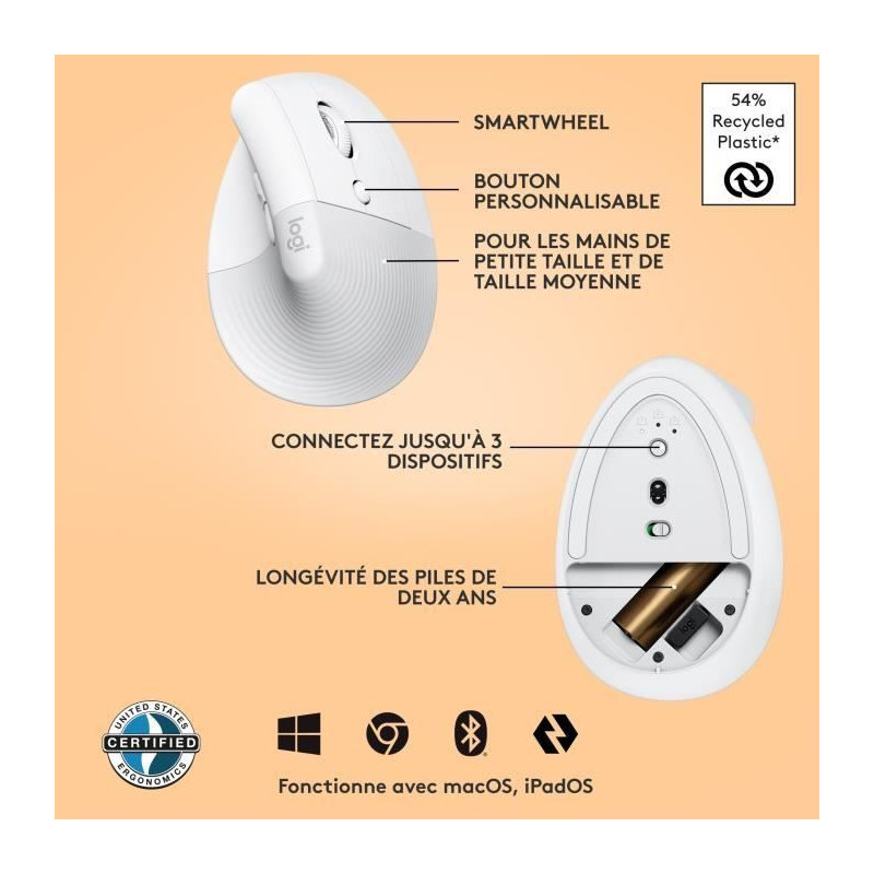 Logitech Lift Ergonomic Vertical Wireless Mouse, Bluetooth or Logi Bol