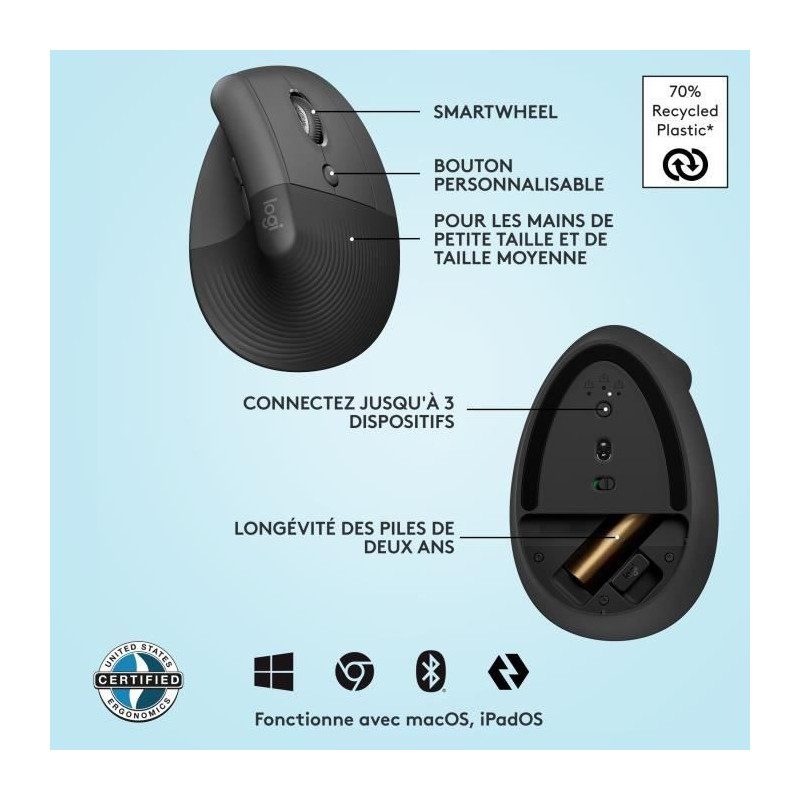 Logitech Lift Ergonomic Vertical Wireless Mouse, Bluetooth or Logi Bol