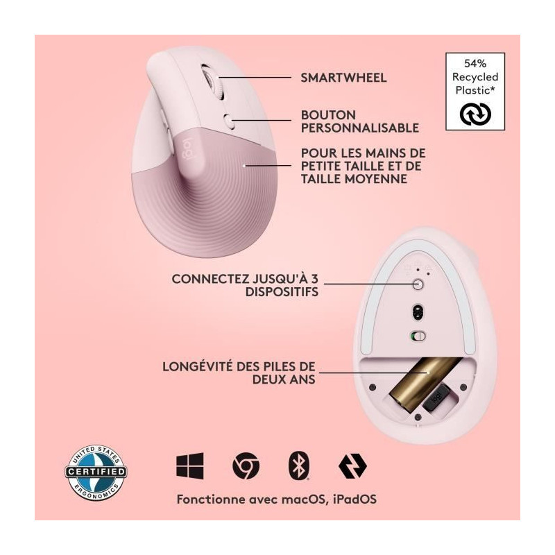 Logitech Lift Ergonomic Vertical Wireless Mouse, Bluetooth or Logi Bol