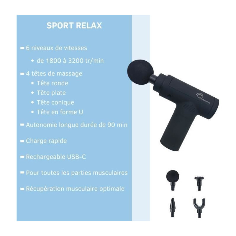 Massage gun - LITTLE BALANCE - Sport Relax - 6 speeds - 4 heads - Blac