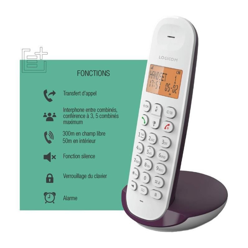 Cordless landline telephone - LOGICOM - DECT ILOA 150 SOLO - Aubergine