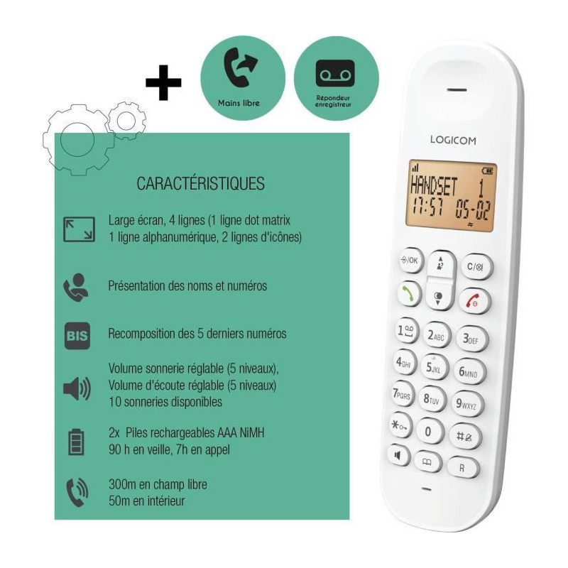 Cordless landline phone - LOGICOM - DECT ILOA 155T SOLO - White - With