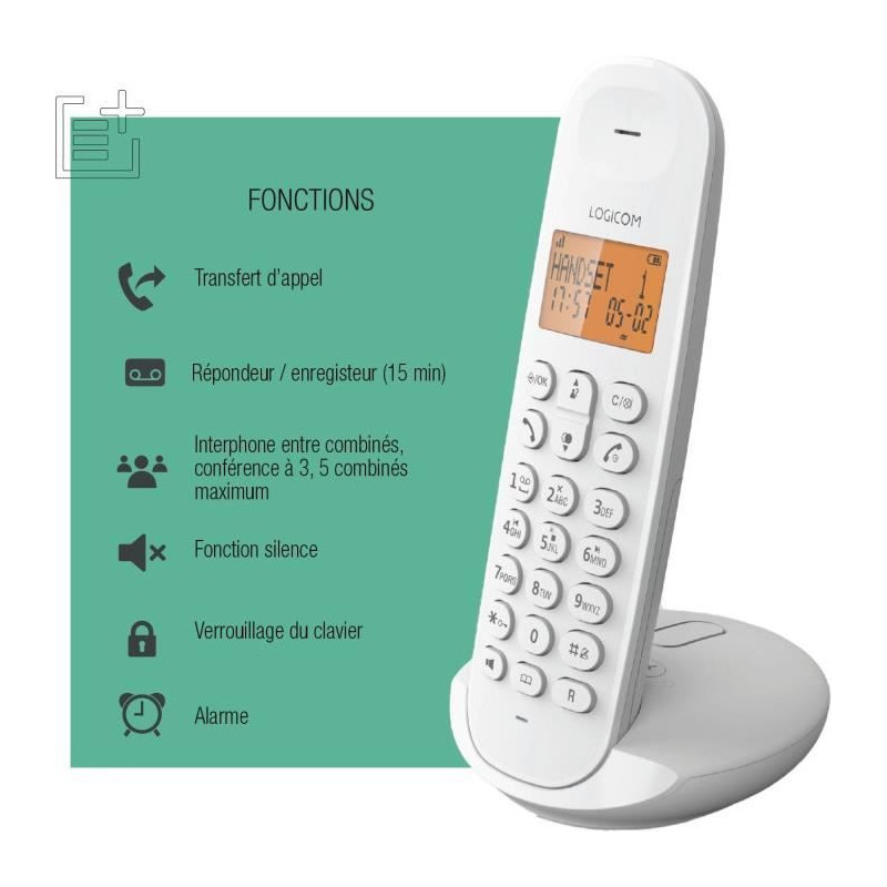 Cordless landline phone - LOGICOM - DECT ILOA 155T SOLO - White - With