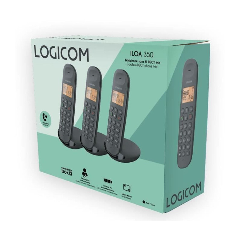 Cordless landline phone - LOGICOM - DECT ILOA 350 TRIO - Black - Witho