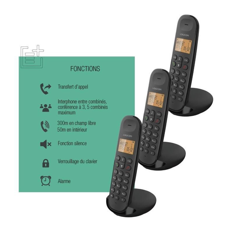 Cordless landline phone - LOGICOM - DECT ILOA 350 TRIO - Black - Witho