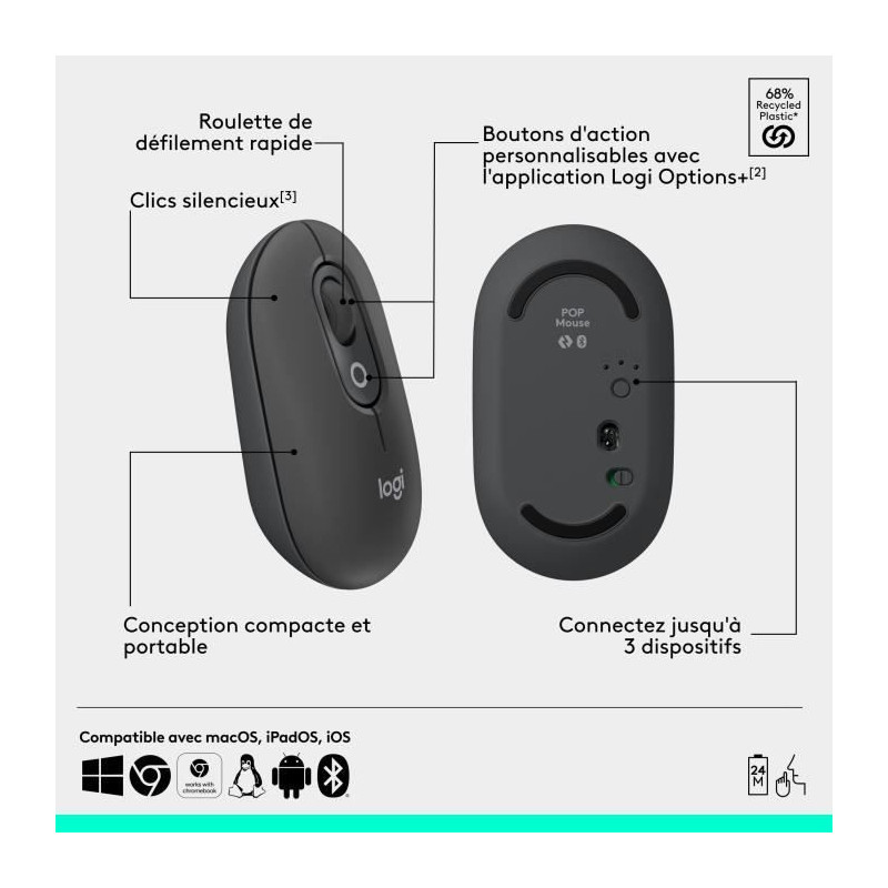 Mouse - Wireless - Logitech - Pop Mouse - Graphite