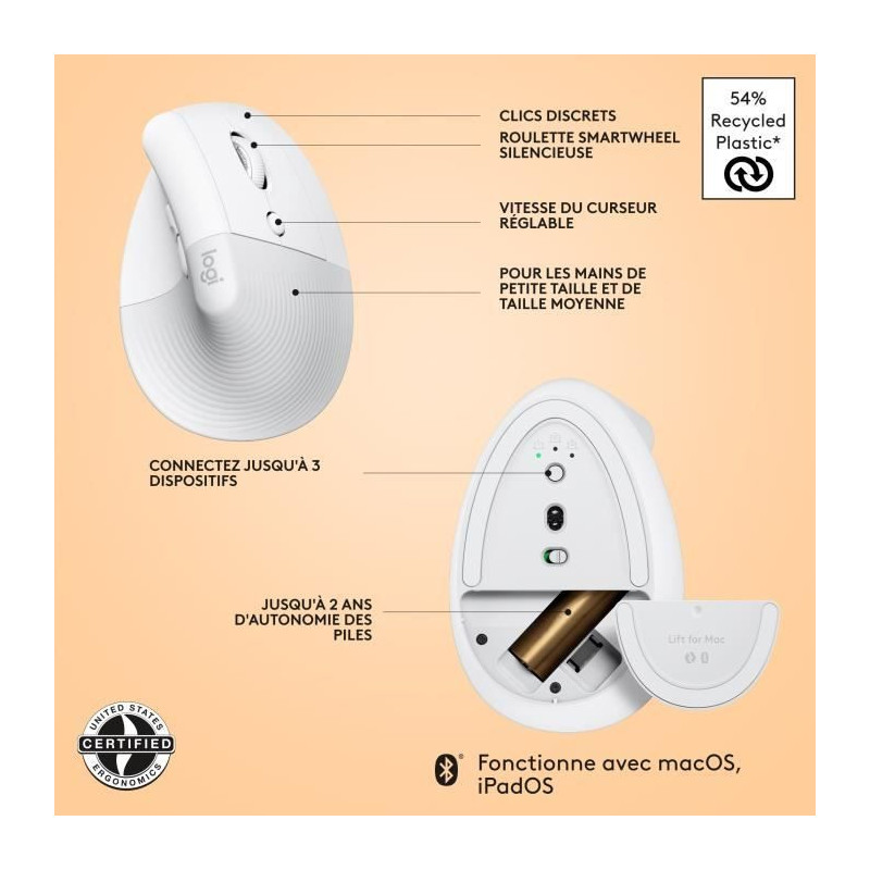 Logitech - Lift mouse for Mac - Wireless Ergonomic - White