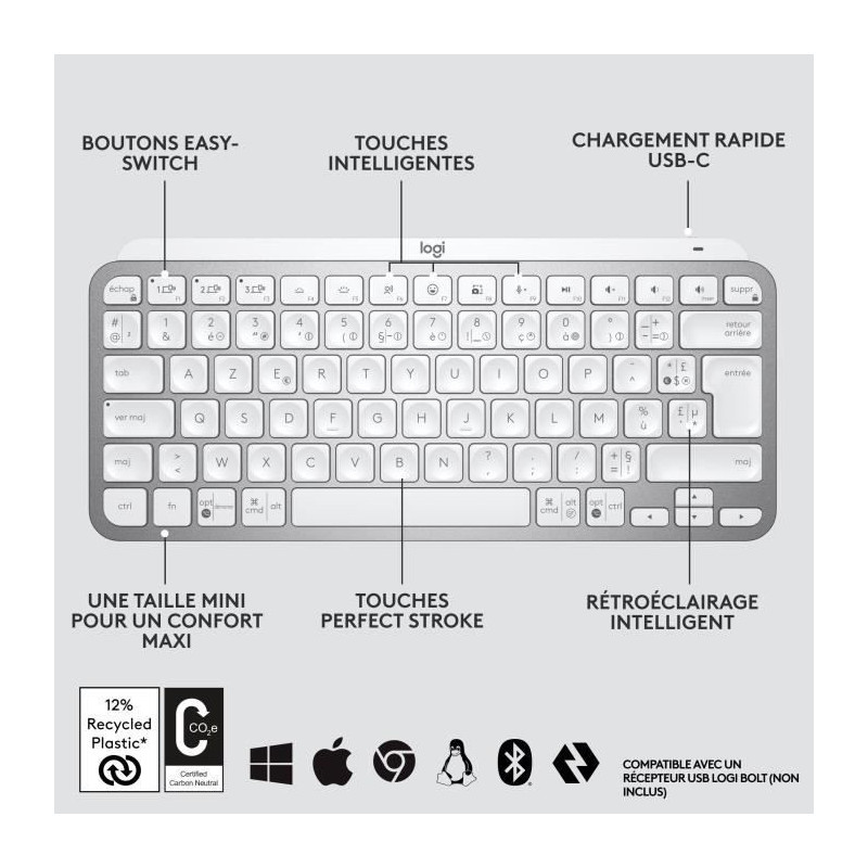 Logitech Wireless Keyboard - MX Keys Mini - PALE GRAY - Compact, Bluet