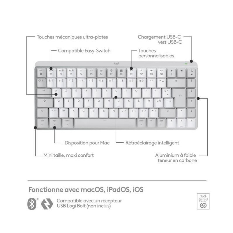 Logitech - Wireless keyboard for Mac - MX Mechanical Mini - Pale gray