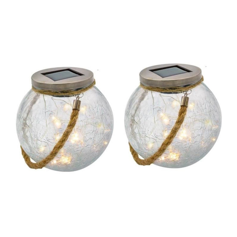 Set of 2 solar balls - LUMISKY - CRACK BALL CORD - H13 cm - Cracked gl
