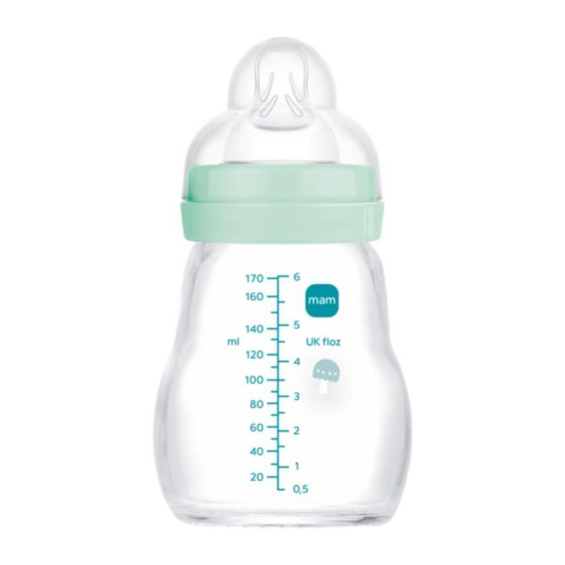 MAM Glass Baby Bottle - 170ml - Blue - Teat Flow 1
