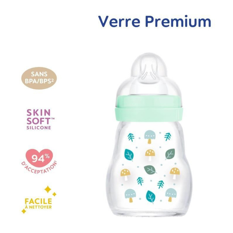 MAM Glass Baby Bottle - 170ml - Blue - Teat Flow 1
