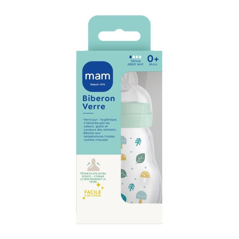 MAM Glass Baby Bottle - 170ml - Blue - Teat Flow 1