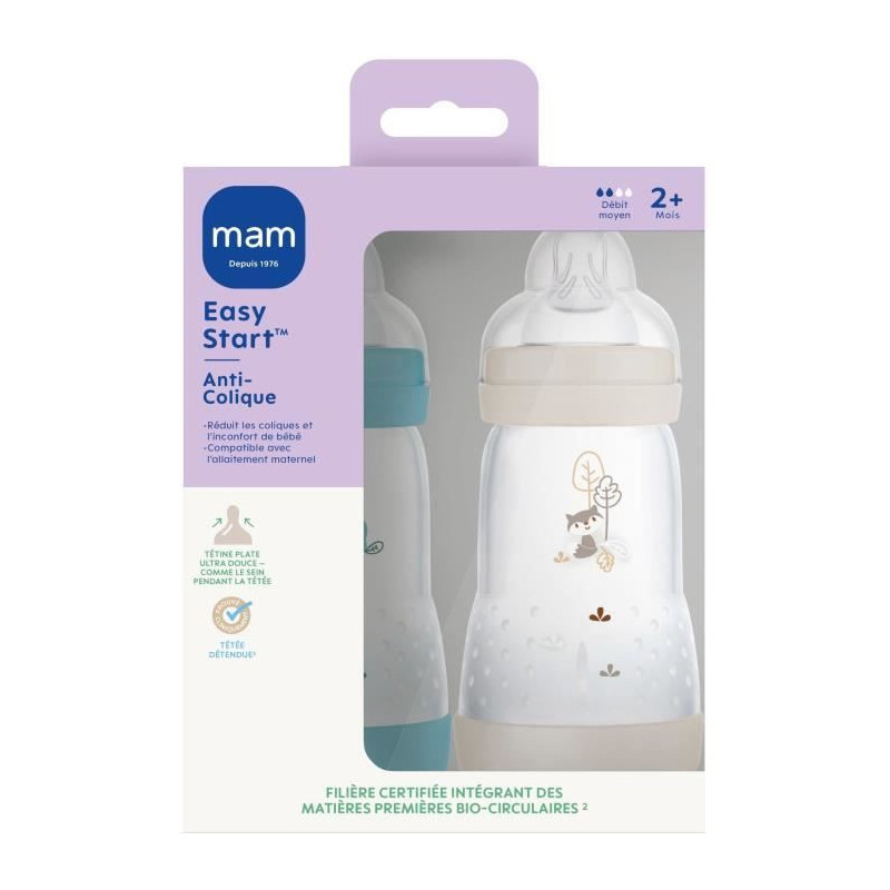 Set of 2 Baby Bottles - MAM - Easy Start / Anti-Colic - 260 ml - Flow