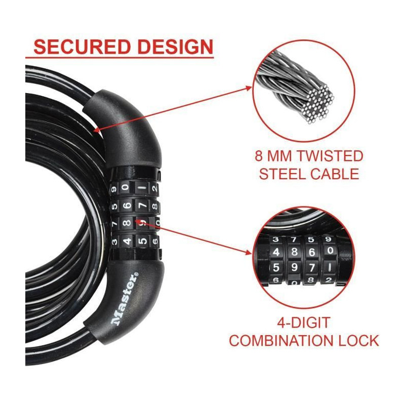 Bicycle Lock - MASTER LOCK - 8221EURDPRO - 1.8m twisted cable - Progra