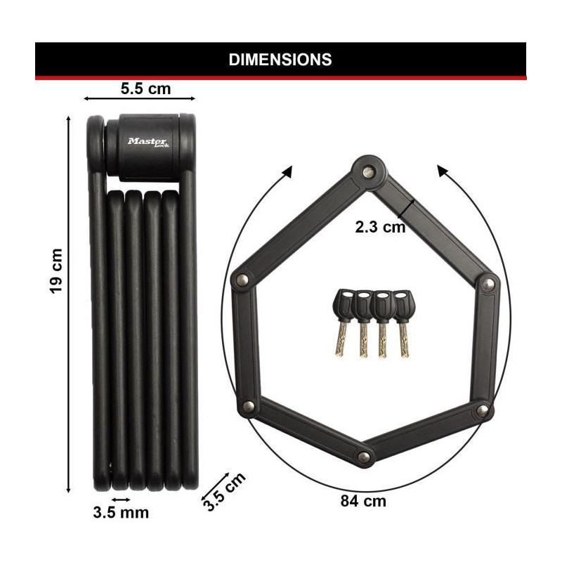 Folding Bike Lock - MASTER LOCK - 8335EURDPRO - Hardened Steel, 4 Keys