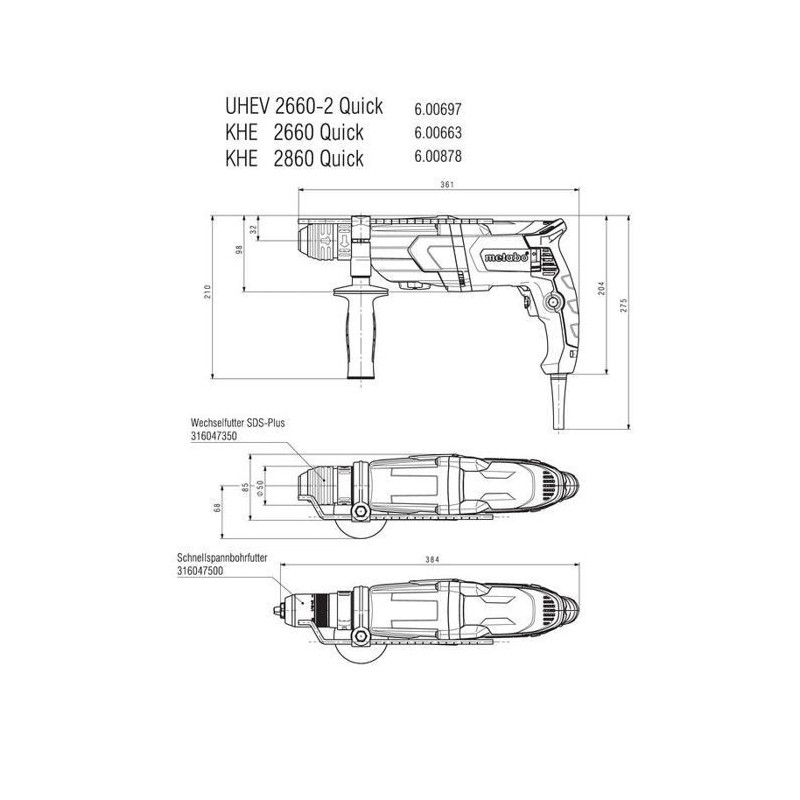 Combined hammer drill - METABO - KHE 2660 Quick - SDS Plus and quick-r