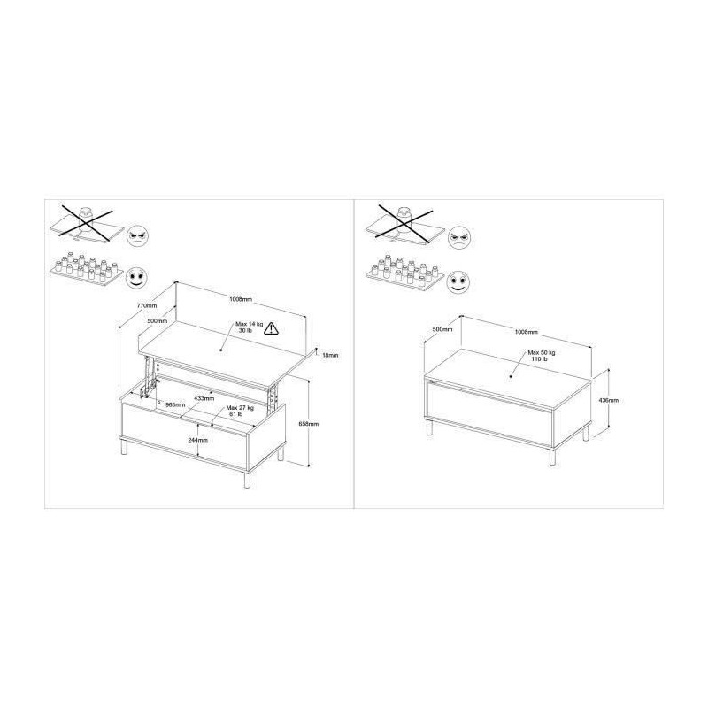MORPHOS lift-up coffee table - L 100 x D 50 x H 43.6 cm - Rectangular