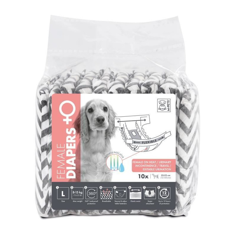 Dog Diapers - M PETS - DIAPERS Female L x10 - Waist size 32-52 cm - 8-