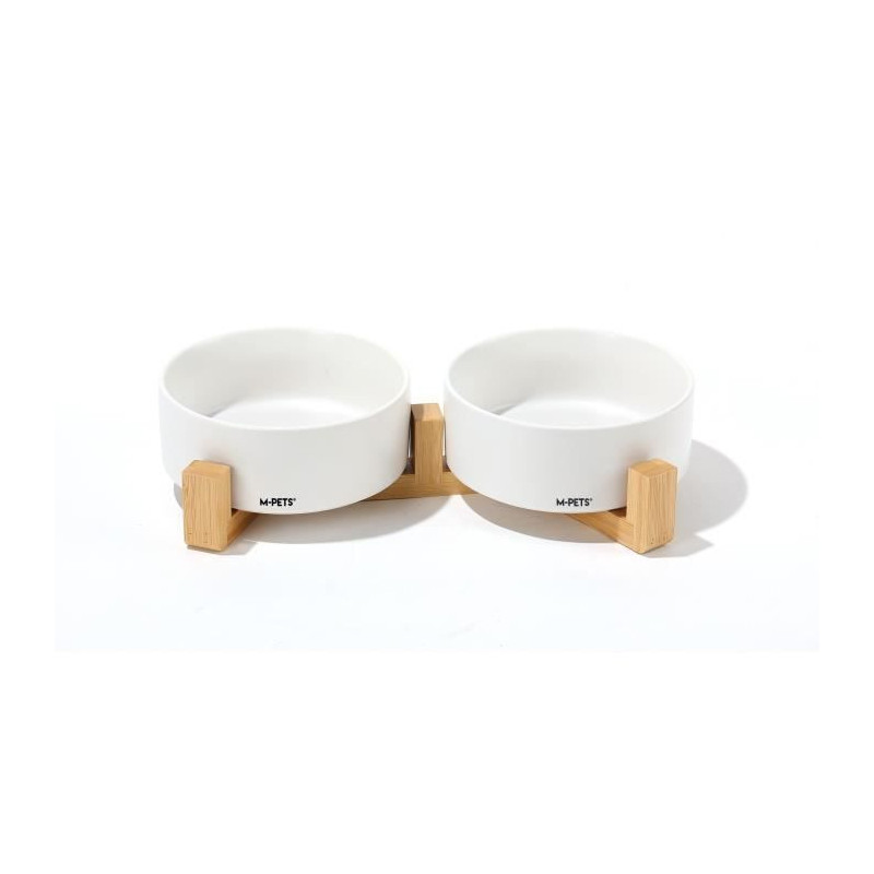 Ceramic bowls with bamboo stand 2x350 ml - Mpets - OPERA - White