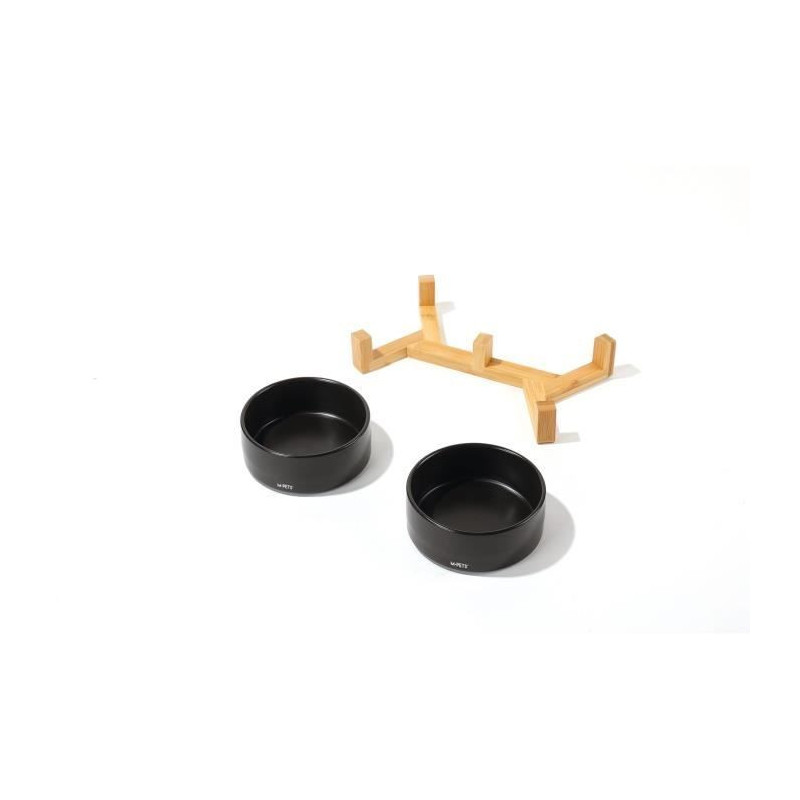 Ceramic bowls with bamboo stand 2x350 ml - Mpets - OPERA - Black