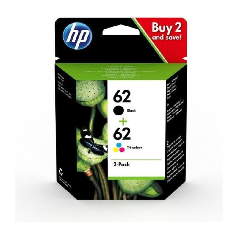 HP 62 Pack of 2 Genuine Black / Three-Color Ink Cartridges for HP Envy
