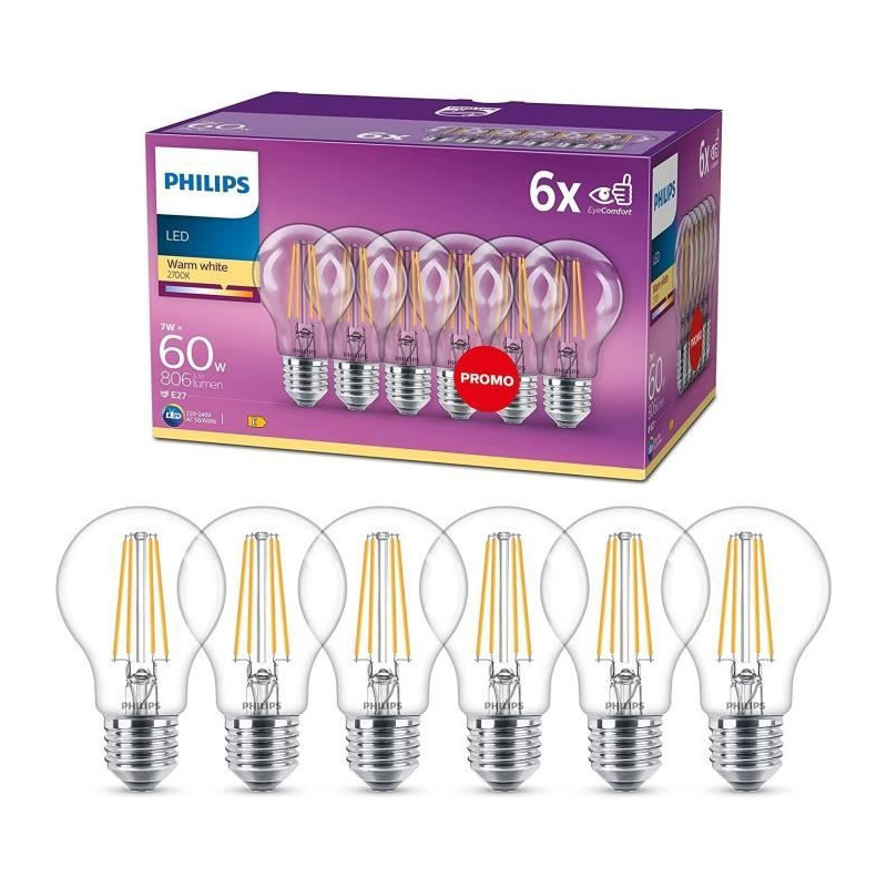 Philips, pack of 6 E27 transparent LED bulbs 60W, warm white