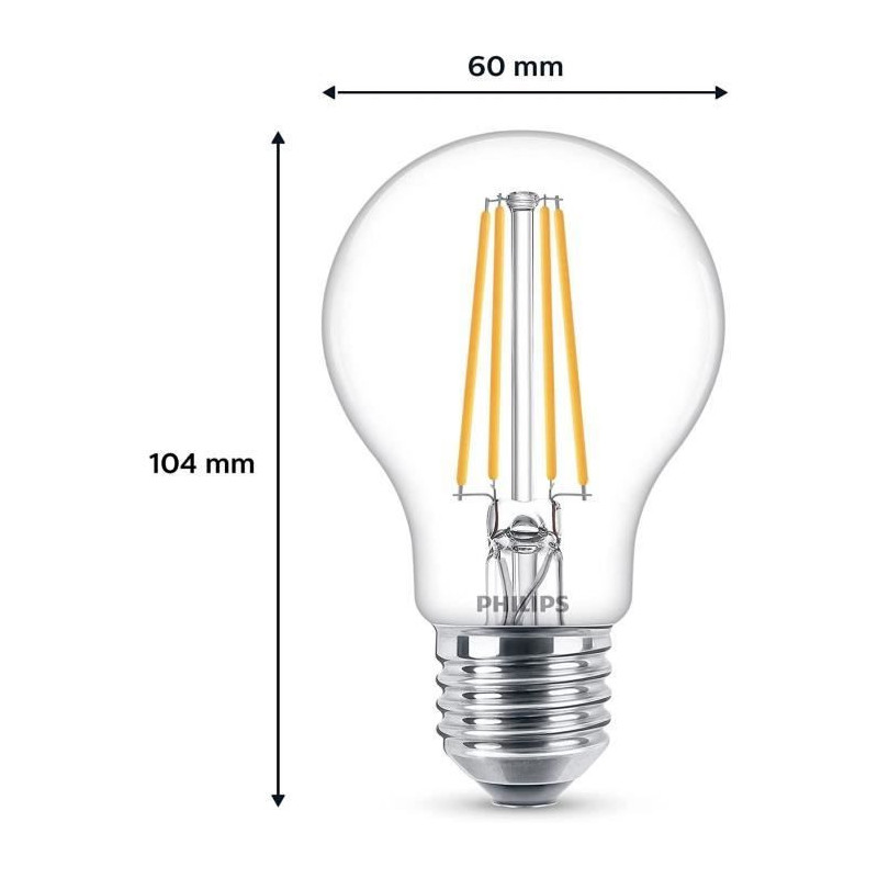 Philips, pack of 6 E27 transparent LED bulbs 60W, warm white